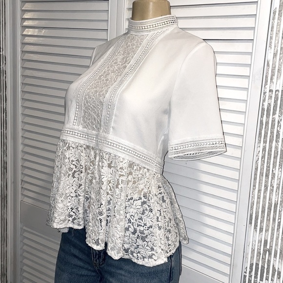 Zara Lace Panel Peplum High Neck Short Sleeve Blouse Size XS - Picture 5 of 9